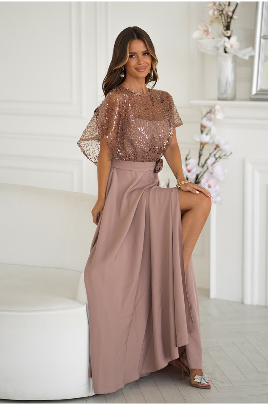 Rochie eleganta lunga cappuccino cu bust din paiete vaporoasa Azaliya Rochie eleganta lunga cappuccino cu bust din paiete vaporoasa Azaliya 4 - dyandra.ro