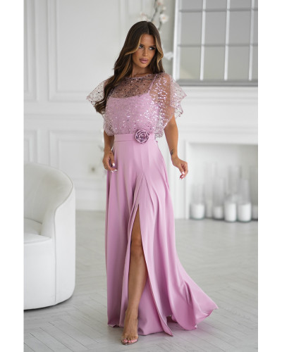 Rochii cununie civila, Rochie eleganta lunga roz pudra cu paiete pe bust vaporoasa Azaliya - dyandra.ro