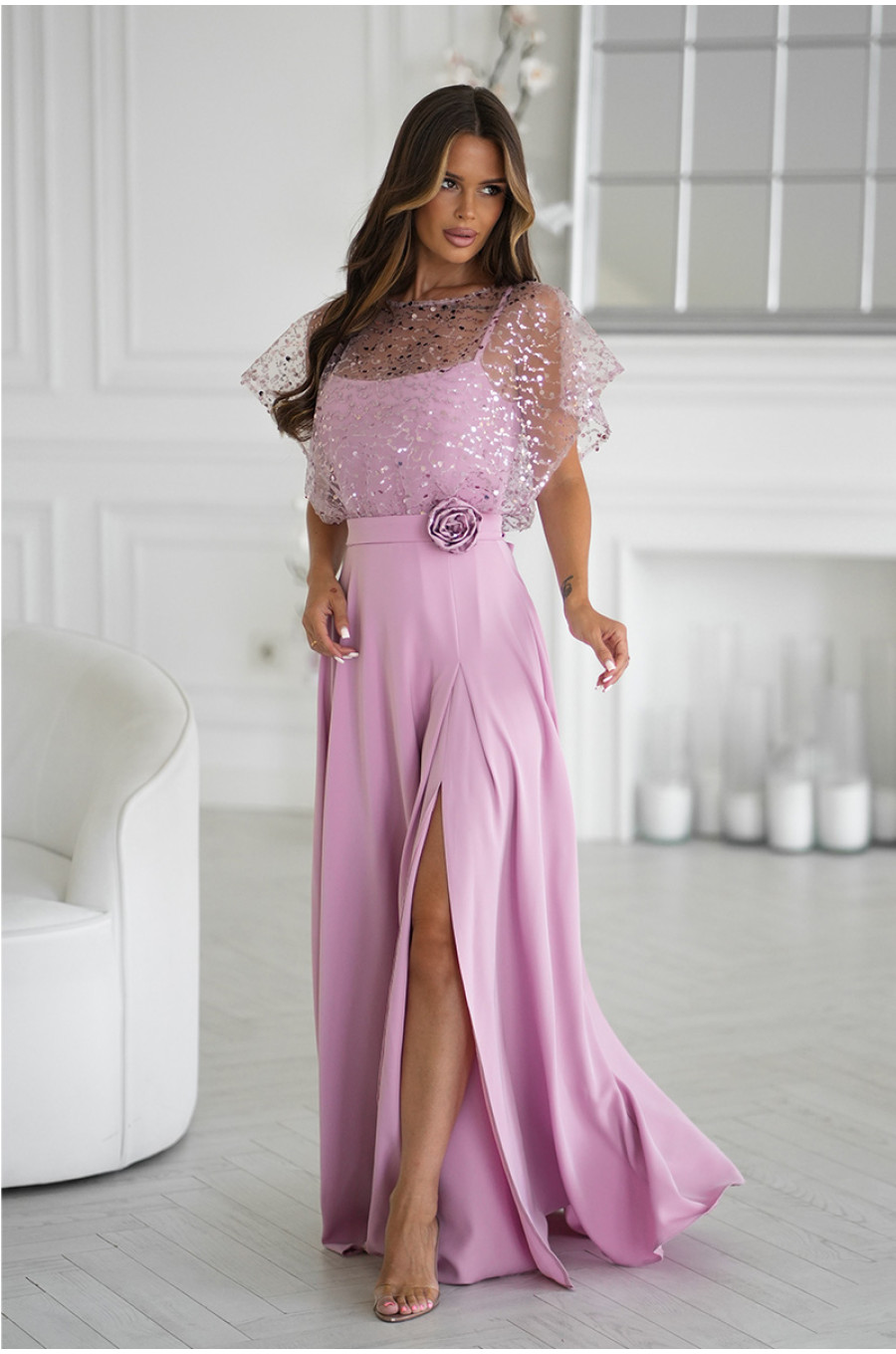 Rochie eleganta lunga roz pudra cu paiete pe bust vaporoasa Azaliya Rochie eleganta lunga roz pudra cu paiete pe bust vaporoasa Azaliya 1 - dyandra.ro