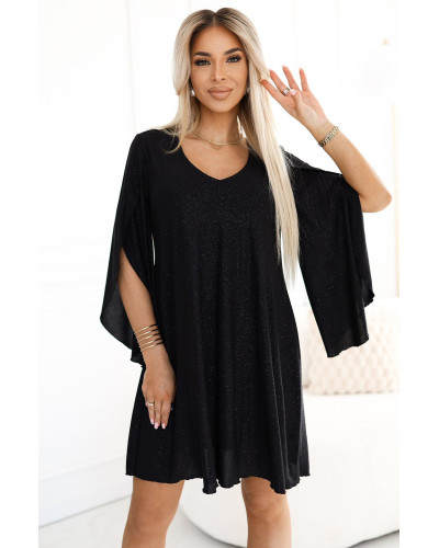 Rochie eleganta midi neagra cu glitter si maneca lunga A-line LiviaN - dyandra.ro