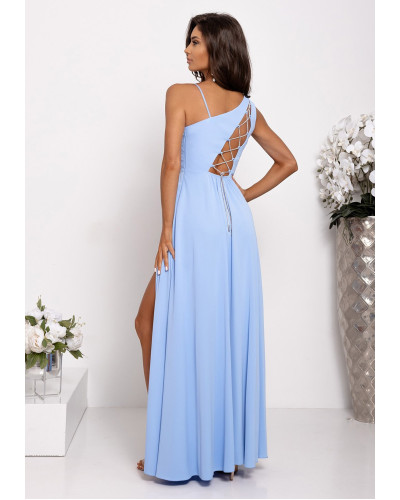 Rochii, Rochie eleganta lunga baby blue cu un umar gol vaporoasa Monako - dyandra.ro