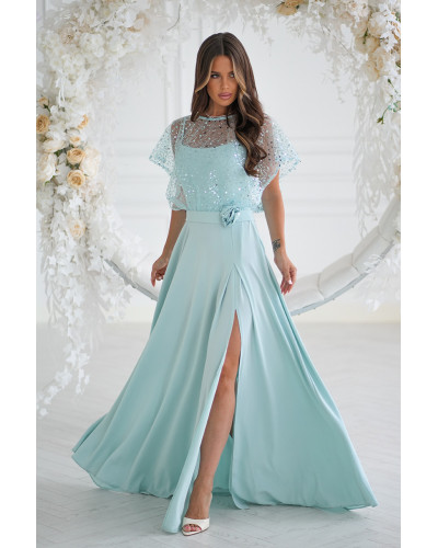 Rochii cununie civila, Rochie eleganta lunga menta cu paiete vaporoasa Azaliya - dyandra.ro