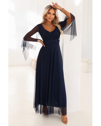 Rochie eleganta lunga din brocard bleumarin navy vaporoasa cu maneca lunga SheenyN - dyandra.ro