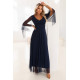 Rochie eleganta lunga din brocard bleumarin navy vaporoasa cu maneca lunga SheenyN 2 - dyandra.ro