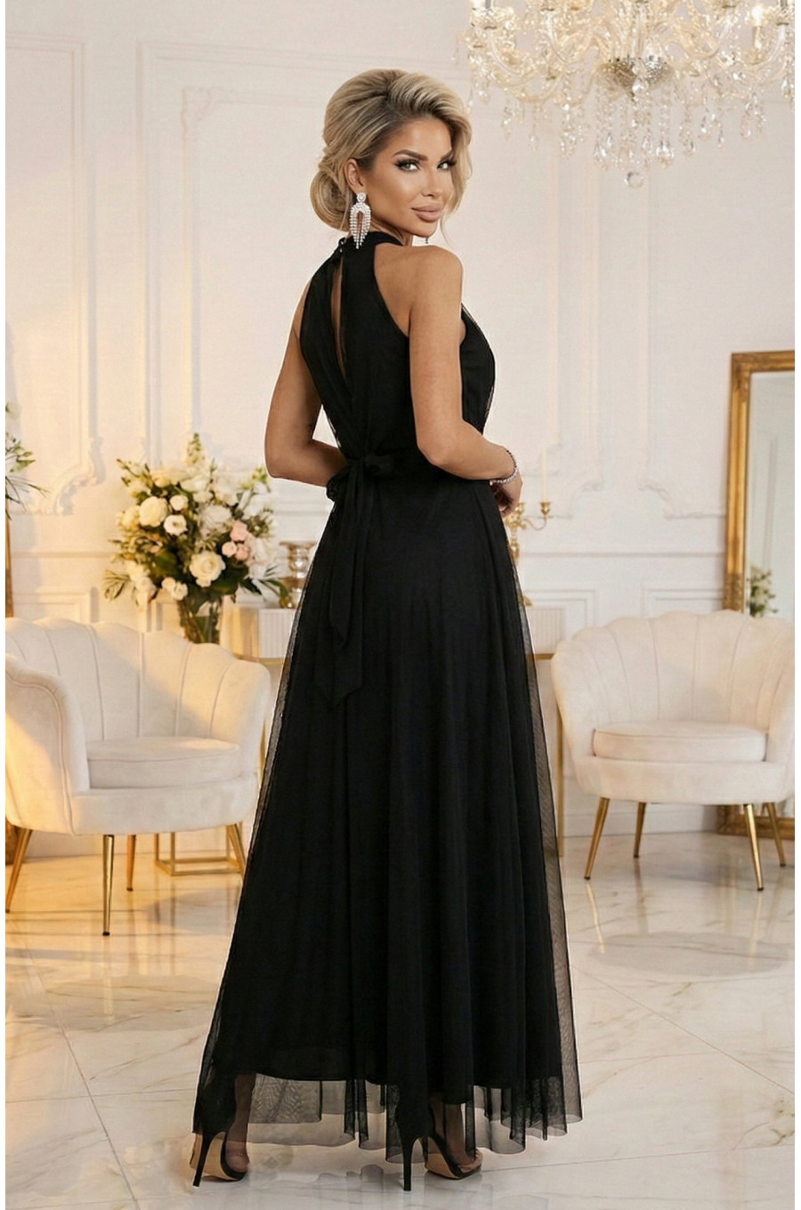 Rochie neagra eleganta lunga din tulle vaporoasa Selline 3 - dyandra.ro