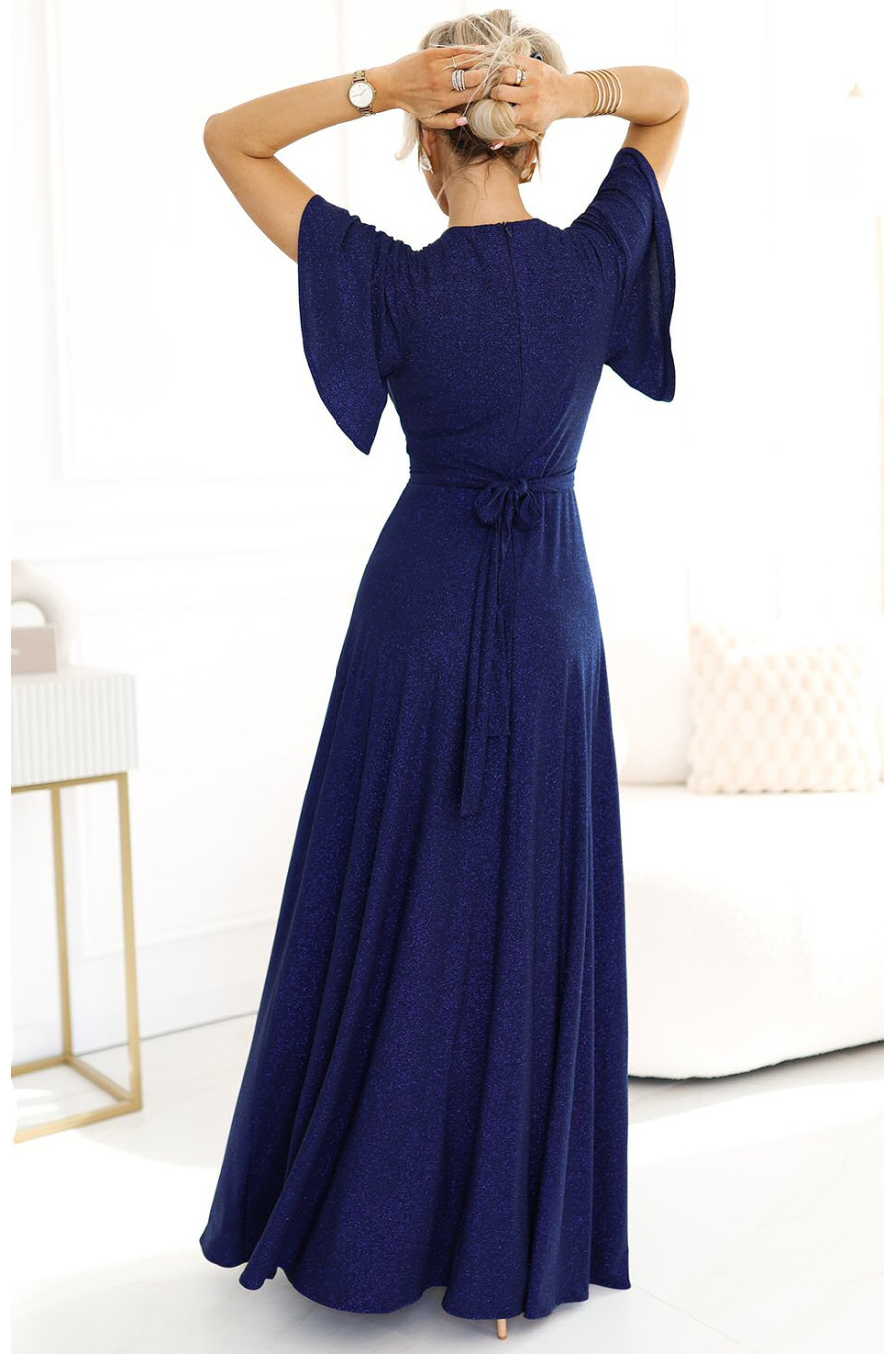 Rochie eleganta lunga bleumarin navy din brocard petrecuta Kasandra 2 - dyandra.ro