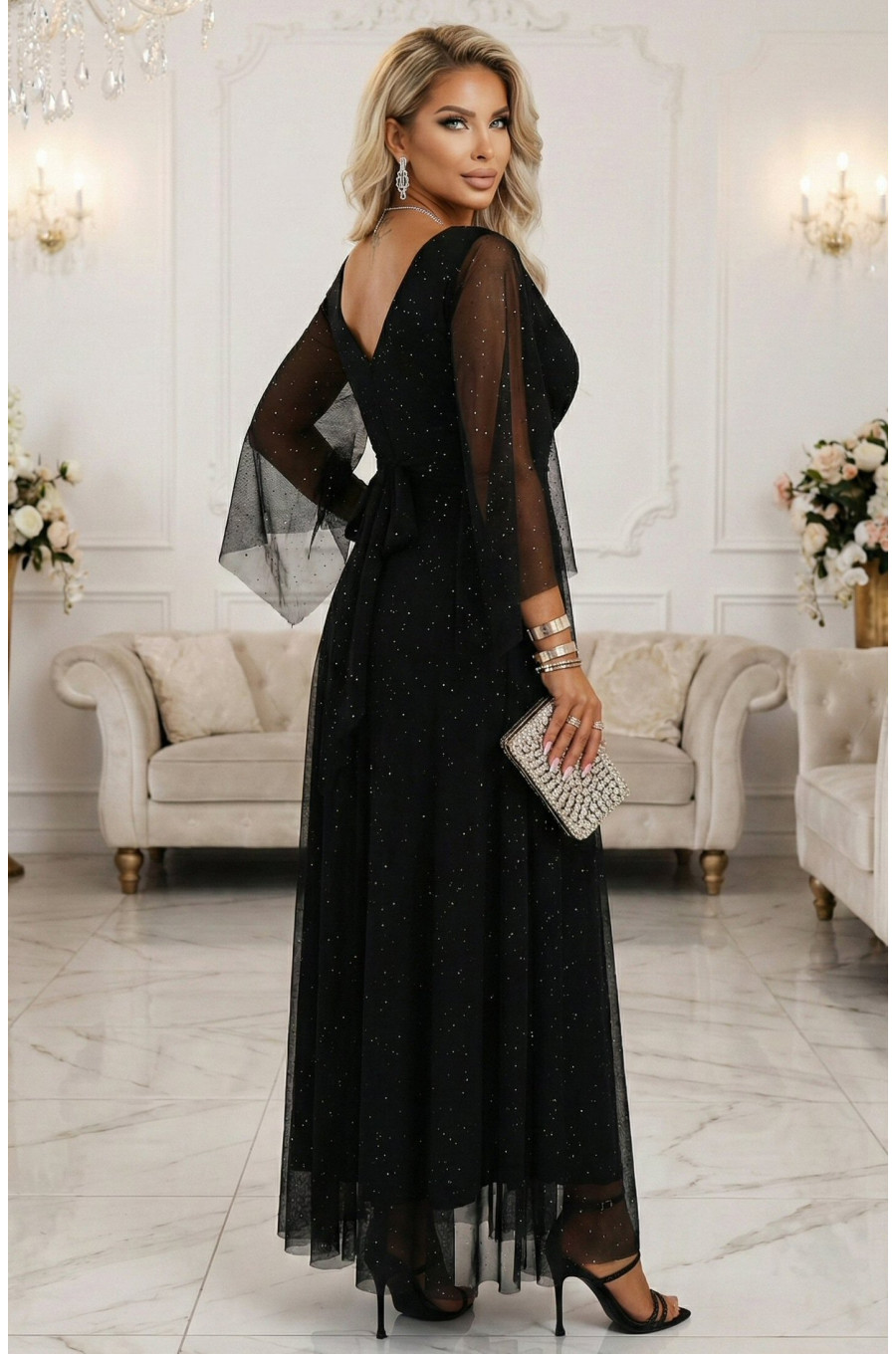 Rochie neagra lunga din brocard vaporoasa cu maneca lunga SheenyN 4 - dyandra.ro